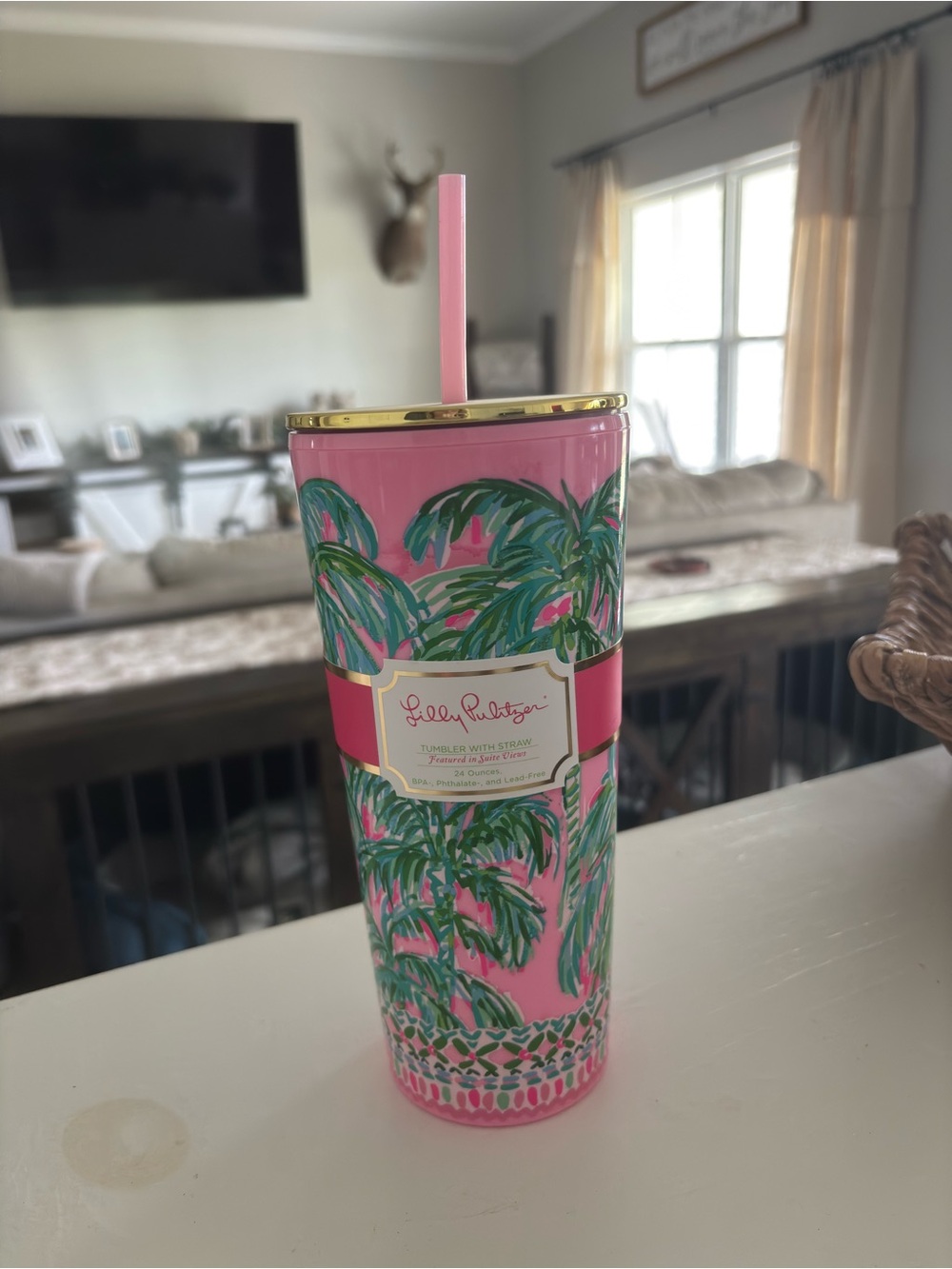 Lilly Pulitzer Pink Palm-Print Tumbler with Gold Trim and Straw